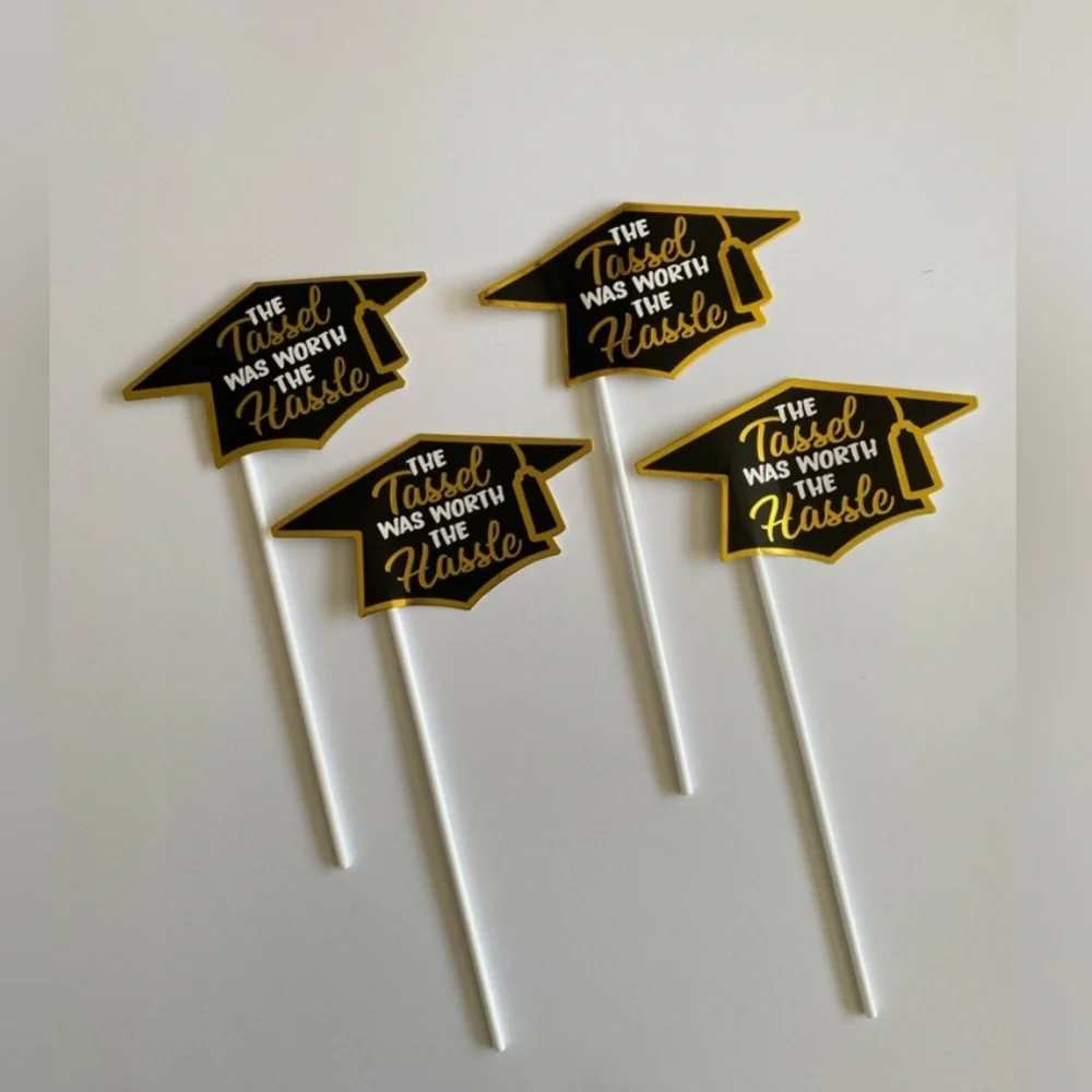 Graduation Cupcake Cake Toppers Decorations Thank You Notes Black Gold NWT OS